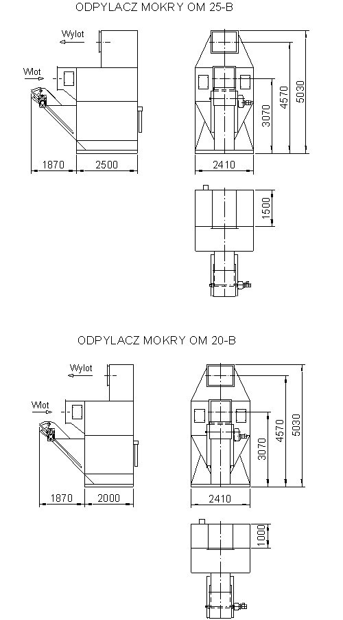 Rysunek techniczny odpylacza mokrego OM 25-B i OM 20-B